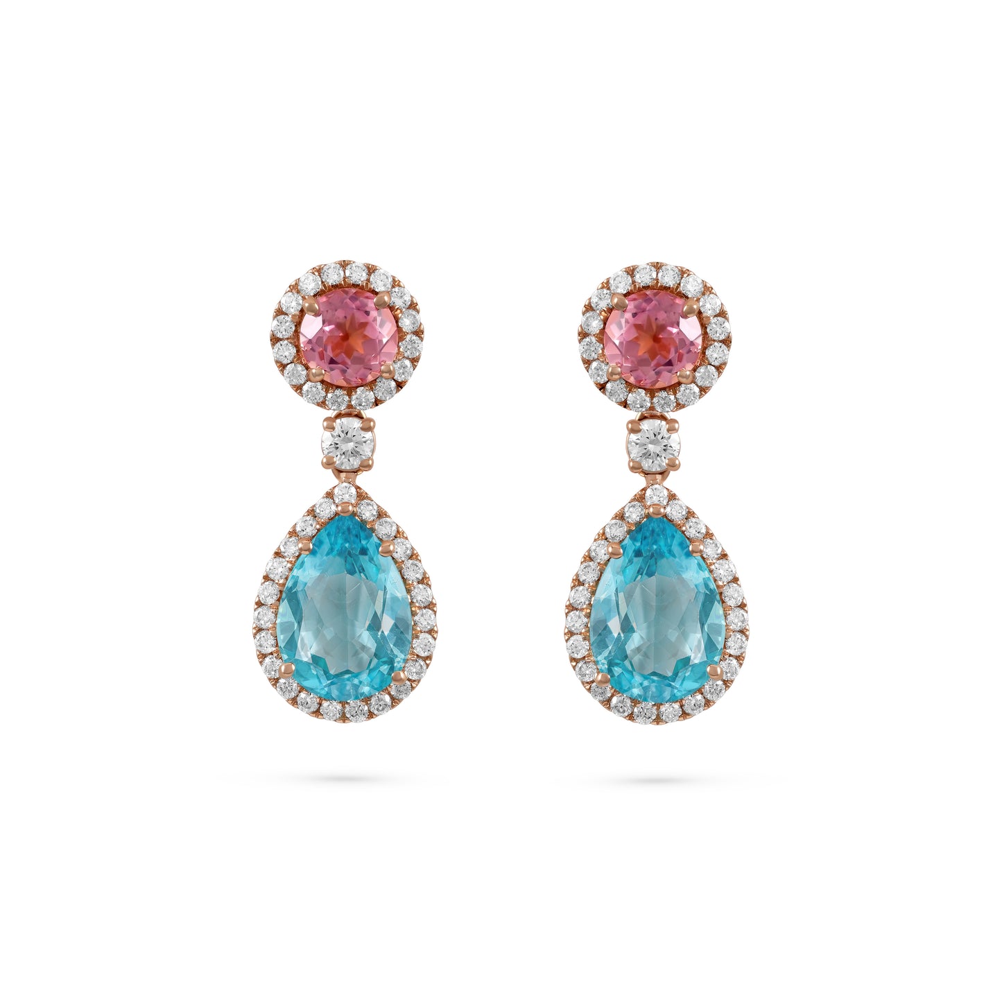 Pink tourmaline and aquamarine earrings in rose gold