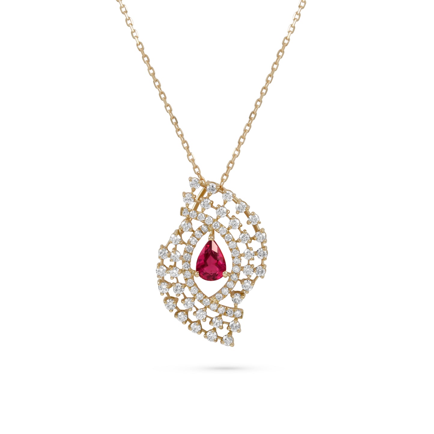 Red tourmaline pendant in yellow gold