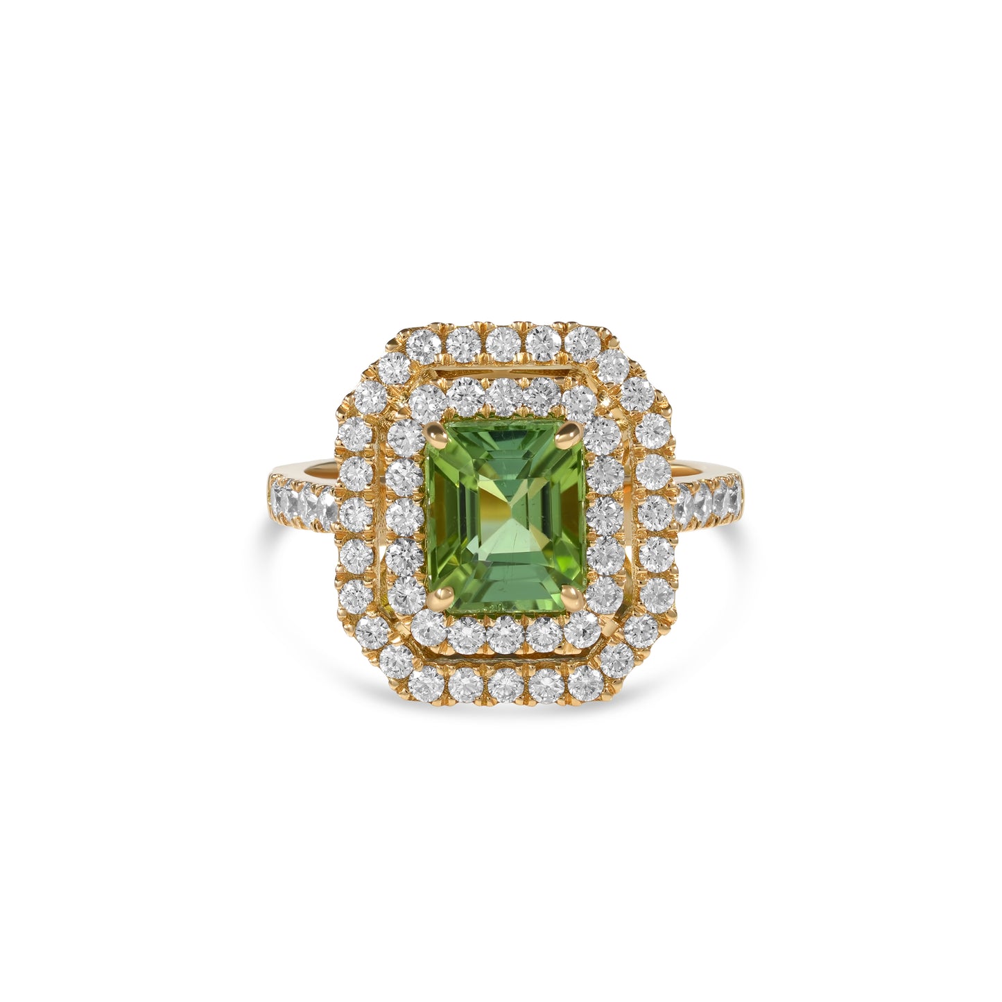 Unique green colored tourmaline ring in yellow gold